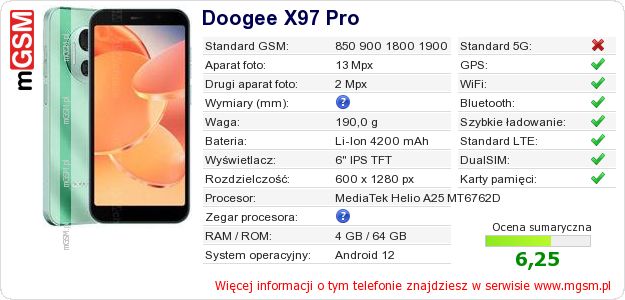 Dane telefonu Doogee X97 Pro