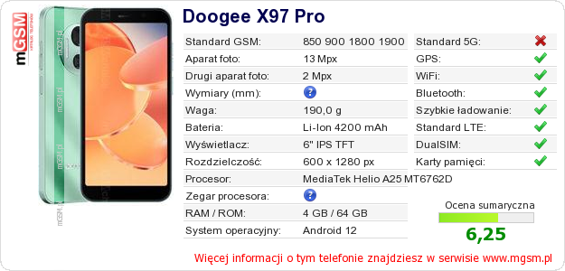 Dane telefonu Doogee X97 Pro