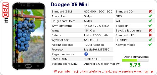 Dane telefonu Doogee X9 Mini Dane telefonu Doogee X9 Mini