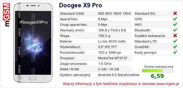 Dane telefonu Doogee X9 Pro Dane telefonu Doogee X9 Pro