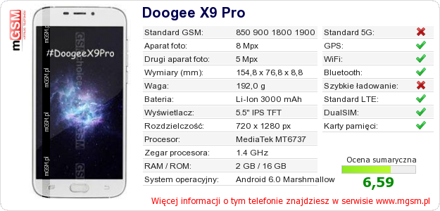 Dane telefonu Doogee X9 Pro