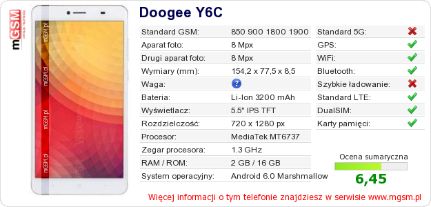 Dane telefonu Doogee Y6C