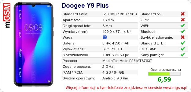 Dane telefonu Doogee Y9 Plus Dane telefonu Doogee Y9 Plus
