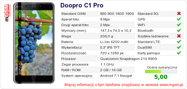 Dane telefonu Doopro C1 Pro