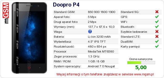 Dane telefonu Doopro P4 Dane telefonu Doopro P4