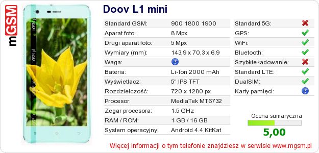Dane telefonu Doov L1 mini