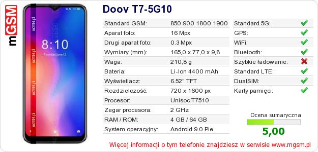 Dane telefonu Doov T7-5G10