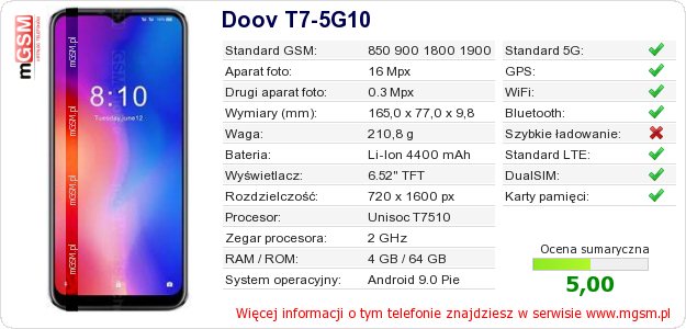 Dane telefonu Doov T7-5G10