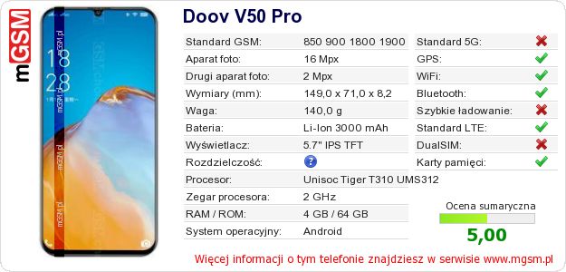 Dane telefonu Doov V50 Pro Dane telefonu Doov V50 Pro