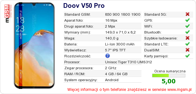 Dane telefonu Doov V50 Pro