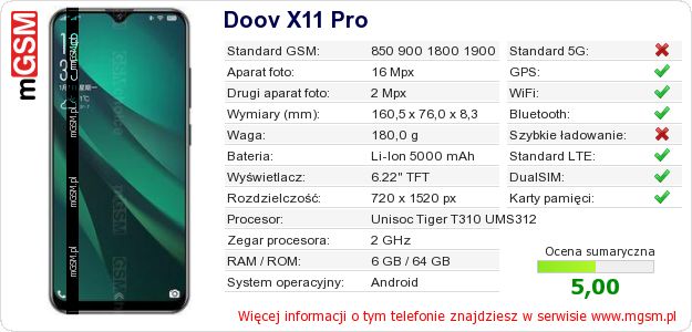 Dane telefonu Doov X11 Pro Dane telefonu Doov X11 Pro