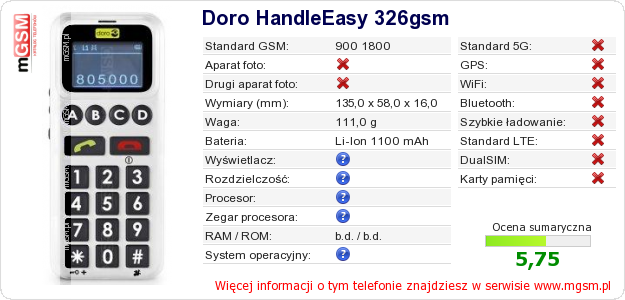 Dane telefonu Doro HandleEasy 326gsm