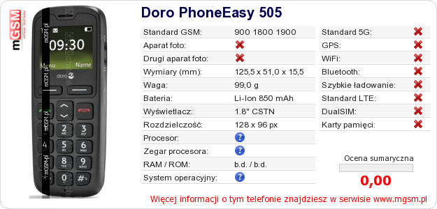 Dane telefonu Doro PhoneEasy 505
