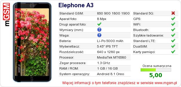 Dane telefonu Elephone A3 Dane telefonu Elephone A3