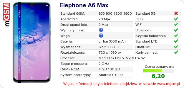 Dane telefonu Elephone A6 Max