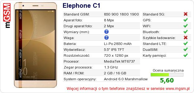 Dane telefonu Elephone C1