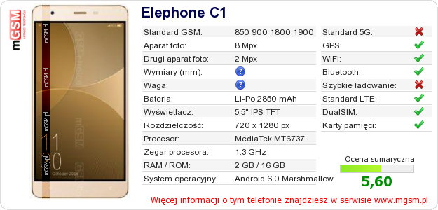 Dane telefonu Elephone C1