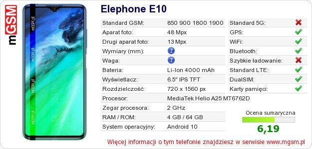 Dane telefonu Elephone E10