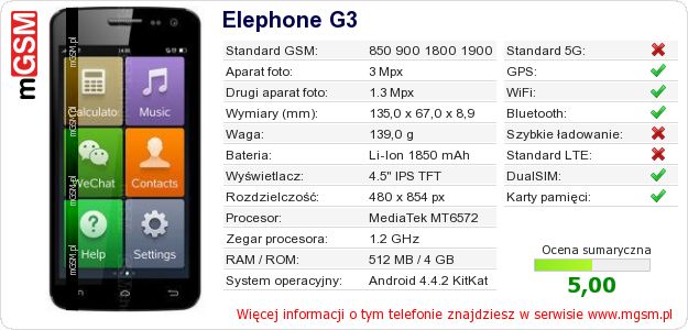 Dane telefonu Elephone G3 Dane telefonu Elephone G3