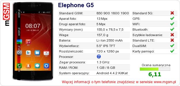 Dane telefonu Elephone G5 Dane telefonu Elephone G5