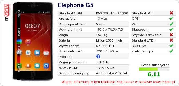 Dane telefonu Elephone G5