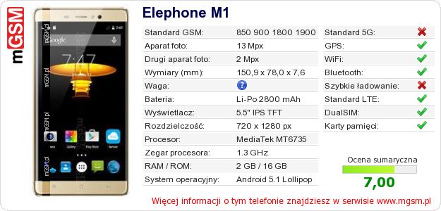 Dane telefonu Elephone M1 Dane telefonu Elephone M1