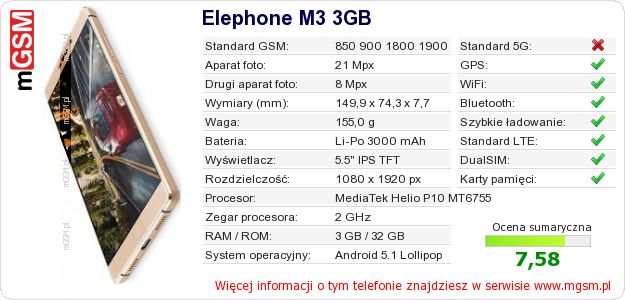 Dane telefonu Elephone M3 3GB