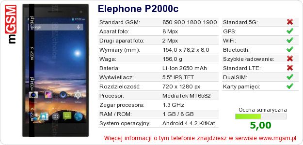 Dane telefonu Elephone P2000c Dane telefonu Elephone P2000c