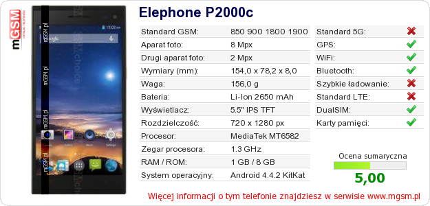 Dane telefonu Elephone P2000c