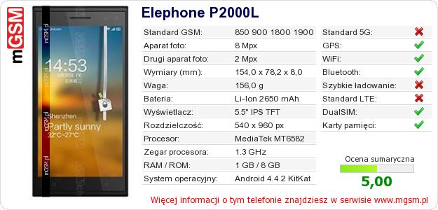Dane telefonu Elephone P2000L Dane telefonu Elephone P2000L