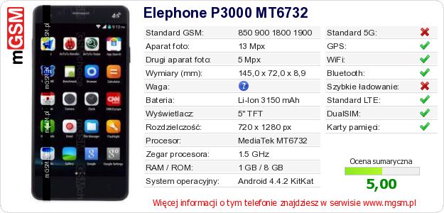 Dane telefonu Elephone P3000 MT6732
