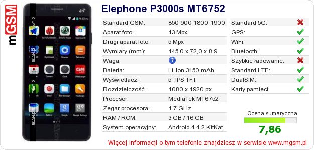 Dane telefonu Elephone P3000s MT6752 Dane telefonu Elephone P3000s MT6752