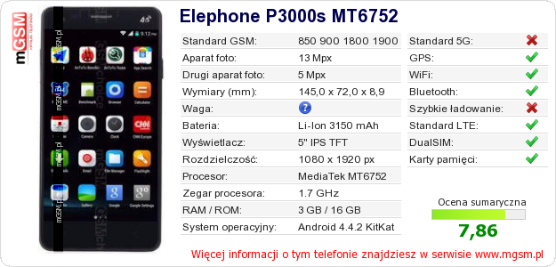 Dane telefonu Elephone P3000s MT6752