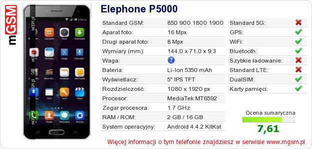 Dane telefonu Elephone P5000