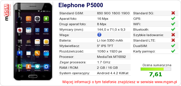 Dane telefonu Elephone P5000 Dane telefonu Elephone P5000