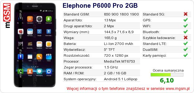Dane telefonu Elephone P6000 Pro 2GB