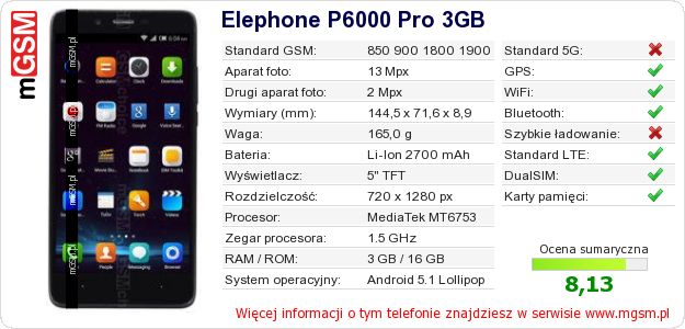Dane telefonu Elephone P6000 Pro 3GB Dane telefonu Elephone P6000 Pro 3GB