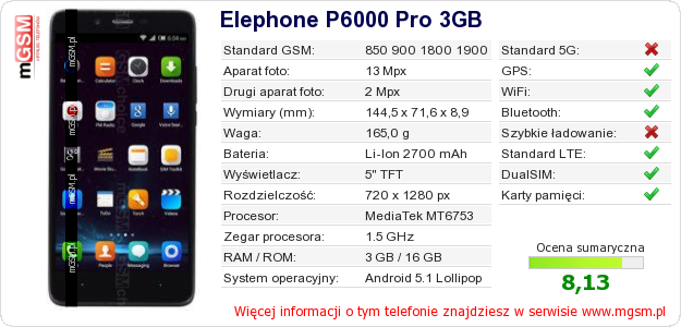Dane telefonu Elephone P6000 Pro 3GB