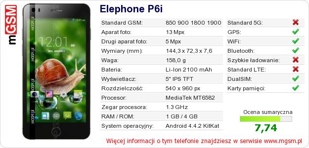 Dane telefonu Elephone P6i Dane telefonu Elephone P6i