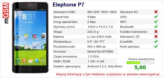 Dane telefonu Elephone P7 Dane telefonu Elephone P7