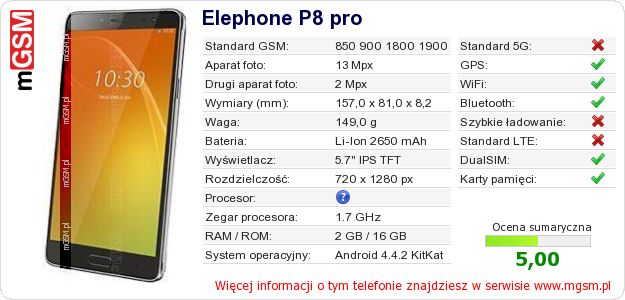 Dane telefonu Elephone P8 pro Dane telefonu Elephone P8 pro