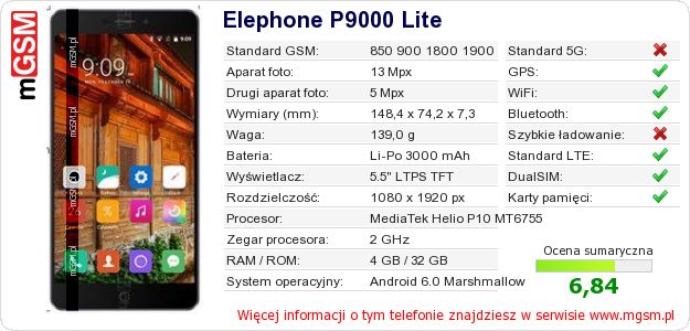 Dane telefonu Elephone P9000 Lite Dane telefonu Elephone P9000 Lite