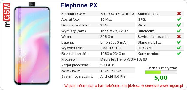 Dane telefonu Elephone PX