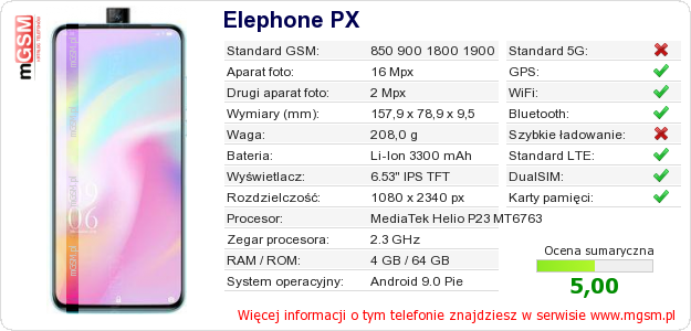 Dane telefonu Elephone PX