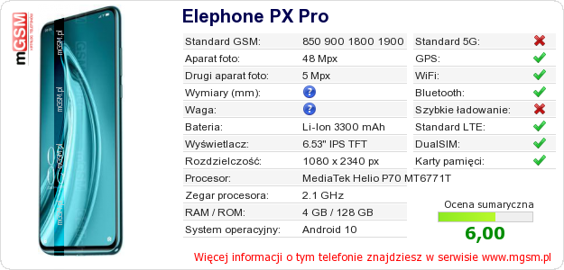 Dane telefonu Elephone PX Pro