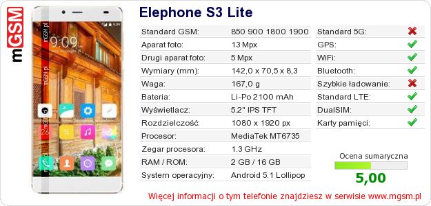 Dane telefonu Elephone S3 Lite Dane telefonu Elephone S3 Lite