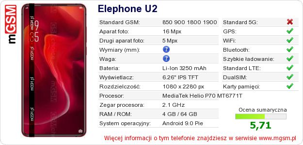 Dane telefonu Elephone U2 Dane telefonu Elephone U2