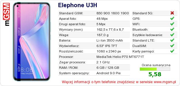 Dane telefonu Elephone U3H Dane telefonu Elephone U3H