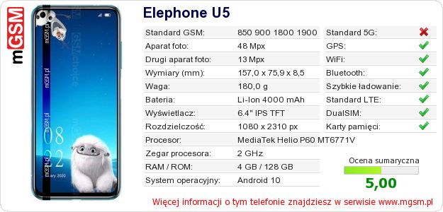 Dane telefonu Elephone U5