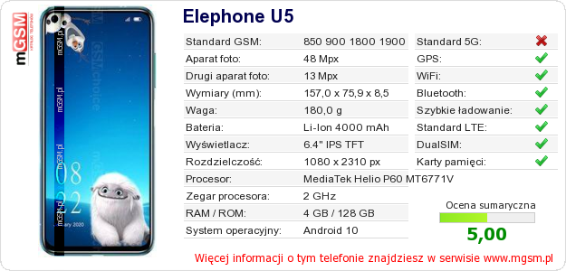 Dane telefonu Elephone U5 Dane telefonu Elephone U5